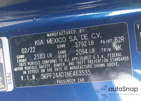 2022 Kia Forte Lxs from USA, damaged, VIN 3KPF24AD1NE463535